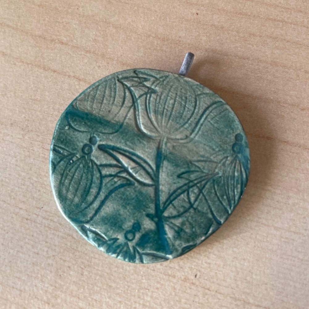 Botanical Pendant HANDMADE Ceramic Carved Flowers Teal Indie Bohemian Garden